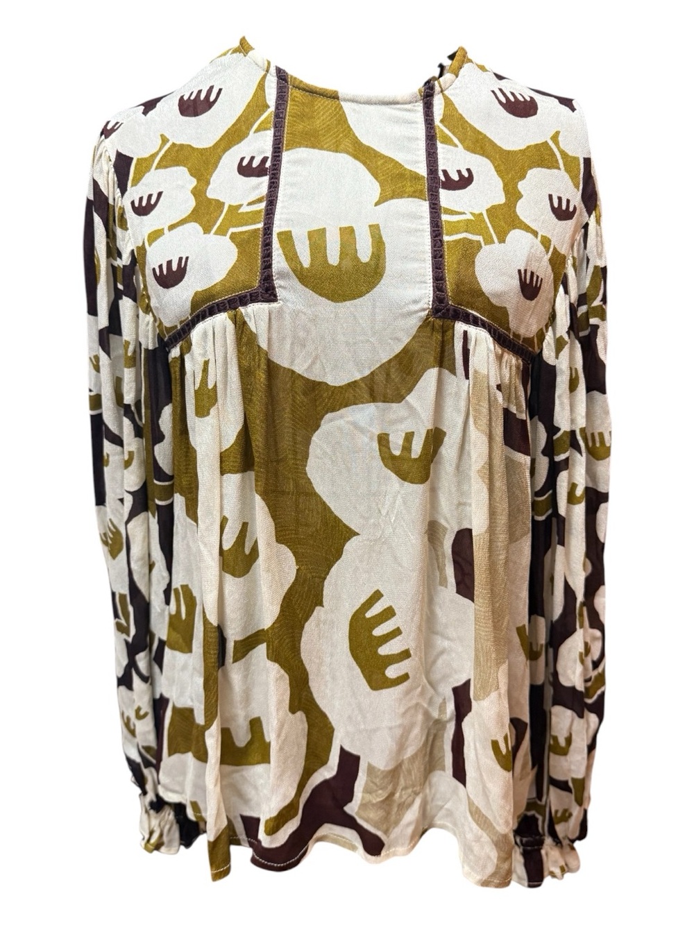 Blank London Olive & Ivory Floral Long-Sleeve Minimal Retro Peasant Blouse XXS